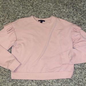 pink ruffle sleeve crewneck sweater